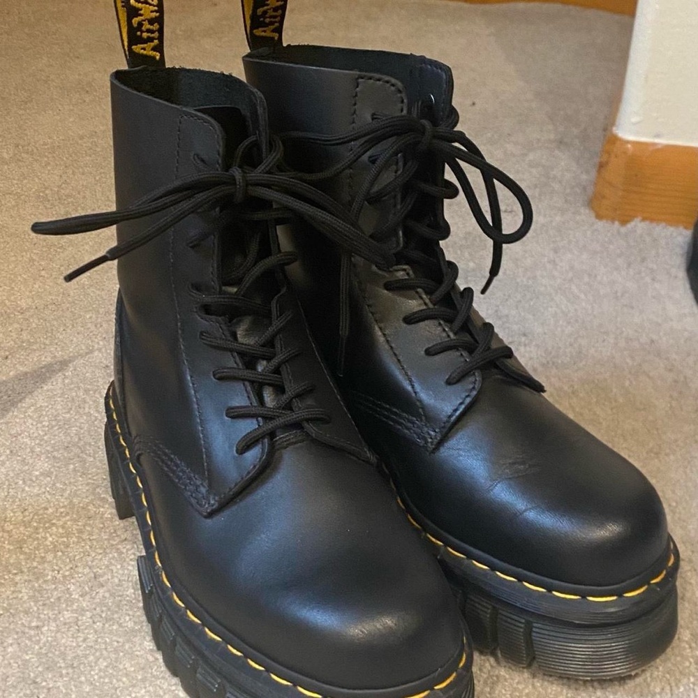 Never worn Dr. Martens Black Leather Combat Boots with Yellow Stitching